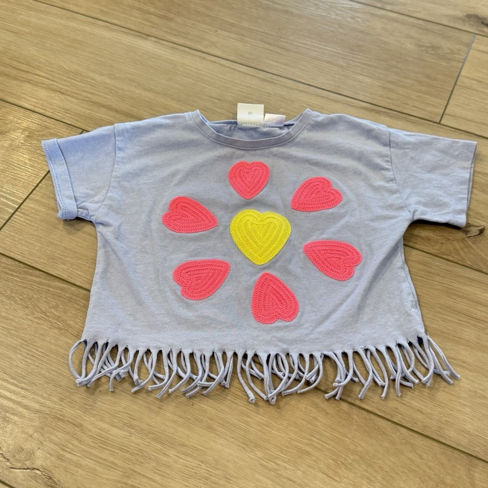 Zara Girls Western Floral Fringe Cropped Shirt Blue Boho Heart Tee Size 3T